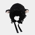 Close-up of black fleece earflap hat with lamb ears, lace trim and satin ribbons - One Size / Black