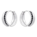 Close-up of silver-tone double-layered hoop earrings with pave-set black zircon stones - Platinum Black Zirconia