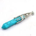 Turquoise hexagonal prism pendant with silver engraved decorative metal capping - Without Chain / Turquoise