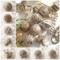 Champagne gold and white Christmas ornaments set with glitter and pearl textures - 8 Piece Set