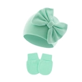 Detail of mint green baby knitted beanie with bow and matching anti-scratch mittens - Bean Green