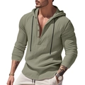 Detail of olive green linen henley hoodie featuring three buttons and black drawstrings - Army Green