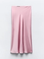 Pink high waist satin midi skirt with elegant silky finish and smooth straight cut - XS / Pink
