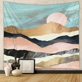 Detail of abstract landscape wall tapestry with mountains and sunset in a cozy room - Modern Abstract Blue and Pink Landscape (GT428-21)