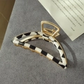 Geometric crescent hair claw clip featuring black and white checkerboard acetate and gold metal - Triangle Style / Black & White Checkerboard