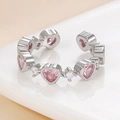 Silver adjustable ring with pink heart zircons and white round crystals on band - Alternating Pink Heart Zirconia Ring (A-76) / Pink