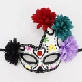 Day of the Dead sugar skull mask with vibrant colorful fabric flowers and rhinestones - Flame Green Printed