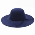 Close-up of navy blue wide brim wool hat with decorative ribbon and bow detail - One Size(58cm) / Navy Blue