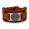 Brown braided leather Viking bracelet with metallic Vegvisir compass and runes - Brown Leather + Antique Silver Accessories