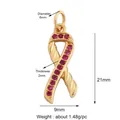 Gold awareness ribbon pendant with red zircon inlay and jump ring for jewelry making - Gold Ribbon Pink Zircon