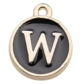 Golden round pendant with black enamel finish featuring letter W for DIY jewelry making - Letter W / 1 Piece (12x14mm) / Black