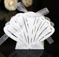 Laser-cut white shell-shaped candy box with silver ribbon for wedding and party favors - White