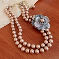 Detail of champagne pink faux pearl necklace with a white enamel crystal flower pendant - 5# Necklace - Champagne - Purple Flower Pearl