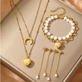 Parure de bijoux dorée avec pendentifs cœur et lune, perles, collier et boucles d'oreilles - Or (F315)