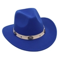 Detail of blue wool felt cowboy hat with white leather band and carved silver metal buckles - Royal Blue Cowboy (Cream Belt)