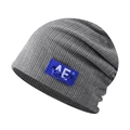 Grey ribbed knit beanie with blue AE logo patch, casual slouchy skull cap for men and women - Adjustable / AE Grey (Detachable Cord)