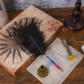Rainbow gradient quill pen with black ostrich feather, metal holder and wax seal set - Black