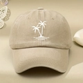 Close-up of khaki baseball cap with white palm tree embroidery and adjustable strap - One Size / Light Khaki