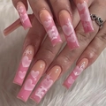 Long coffin false nails with pink gradient, white hearts and stars on soft white fur - 24Pcs Set (Incl. Jelly Glue + File) / Pink Gradient Heart Style (LF475)