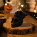 Matte black skull scented candle stack, 8.5cm height, 72g Halloween prop on wood base - Horned Skull / Black