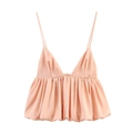 Vorderansicht von rosa Satin-Top mit tiefem V-Ausschnitt und Rüschensaum auf weißem Hintergrund - XS / Pfirsich