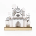 Détail de maquette de mosquée en bois avec motifs d'étoiles et croissant pour l'Aïd - Style de Mosquée Blanc et Argent (KZ-23033)