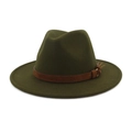 Unisex wide brim felt fedora hat in dark green with brown leather band and metal buckle - Army Green