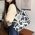 Large capacity canvas tote bag with black and white cow print and THREE bear patch - White Meeting Bear