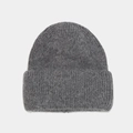 Thick grey angora rabbit hair knit beanie with vertical stripes and warm folded cuff - Dark Gray