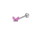 Detail shot of a silver butterfly tongue ring with pink enamel on a barbell stud - Stainless Steel/Enamel / Pink Butterfly