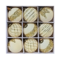 Set of 9 cream Christmas balls with gold glitter patterns and beads in a white box - 8cm / 9 Pieces Set / Beige