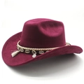 Detail of wine red suede cowboy hat featuring white fringe and seashell decorative band - M(56-58cm) / Burgundy