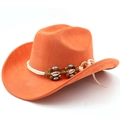 Detail of orange western cowboy hat with ethnic beads, shell accents, and braided trim - M (56-58cm) / Orange