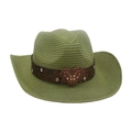 Green woven straw cowboy hat with a studded heart-shaped buckle on a brown band. - Army Green
