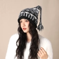 Berretto in maglia a righe con orecchie da gatto nero bianco grigio e nappe - 108-Jacquard Nero Grigio