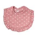 Pink muslin cotton baby bib with white polka dots and delicate ruffle edge trim - Pink with White Dots