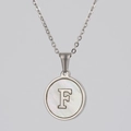 Silver stainless steel necklace with round shell pendant and letter F engraving - Silver White Shell Letter F