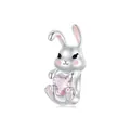 Cute S925 sterling silver bunny charm with pink heart gemstone for DIY bracelets - Bunny with Pink Heart (BSC998)