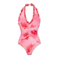 Détails du maillot de bain fleuri rose montrant les bords volantés et la taille froncée - S / Maillot de bain une pièce