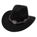 Vintage schwarzer Panama Fedora Hut mit silberner Metallkette und Ethno-Blumenschnalle - Schwarz