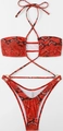 Detail of red snake skin bikini with cross neck ties and gold metal ring hardware - Red Snake Pattern