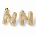 Elegant gold-plated letter N stud earrings with micro-pave cubic zirconia stones - Letter N