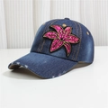 Macro detail of dark blue denim baseball cap featuring pink sequin flower patches - M (56-58cm) / Dark Blue Sequin Floral Style (3号款)