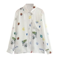 Women's white lantern sleeve button-down shirt featuring celestial sun moon graffiti print - XS / Tops