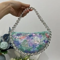 Detail of colorful sequined evening bag with large crystal rhinestone handle and zipper - Blue Mermaid Sequin