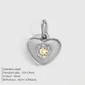 Silver stainless steel heart pendant with yellow birthstone sunburst design, 10x12mm - November Light Yellow / Silver