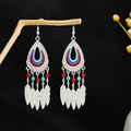 Bohemian silver drop earrings with red and blue beads and feather charms - Colorful