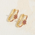 Golden oval hoop earrings with magenta zircon stones and star pattern detail - Rose Red Zirconia (ES2296-6)