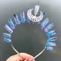 Handmade headband with blue purple crystal cluster and silver crescent moon pendant - Pale Blue