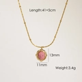 Collar vintage francés chapado en oro 14K con colgante de piedra rosa y cadena de bolas - Colgante de Piedra Rosa Ovalado